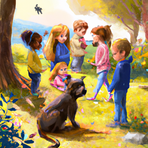 5. תמונה של ילד עם הכלב שלו מוקף בילדים אחרים בפארק, המציג כישורים חברתיים משופרים